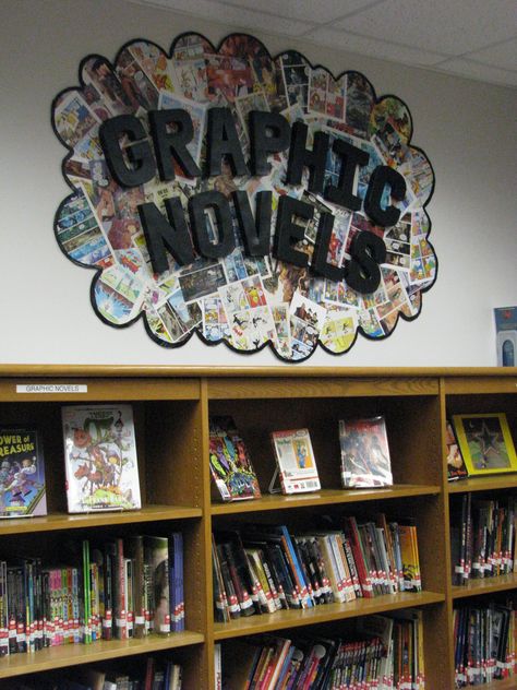 Found on Bing from www.pinterest.com Graphic Novel Library Sign, Graphic Novel Bulletin Boards, New Book Signs For Library, Graphic Novel Sign Library, Genre Signs For Library, Graphic Novel Display For Library, Library Genre Signs, Graphic Novel Library Display, Library Drop Box Ideas