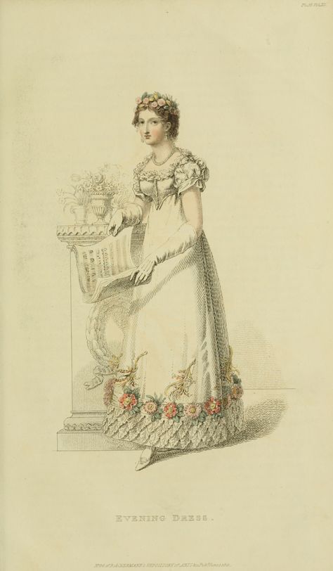 1821. Evening Dress,  Ackermann's Repository, June Historical Fashion Illustration, White Satin Gown, Dress Transition, 1810s Fashion, Empire Clothing, Empire Outfit, 1820s Fashion, Regency Fashion Plates, Antique Room