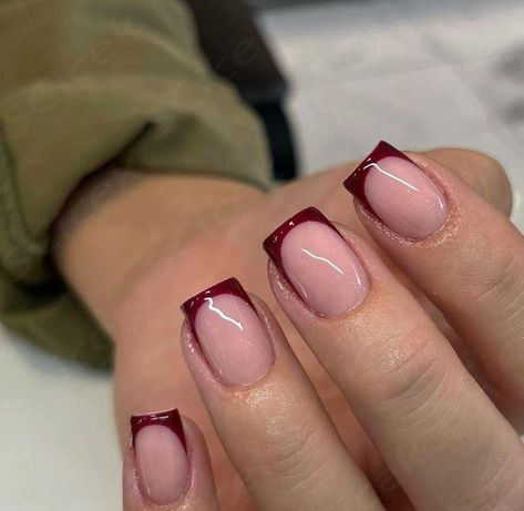 French Tips Burgundy, Dark Red Square French Tip Nails, Burgundy Tip Nails French Manicures, Burgundy Glitter French Tip Nails, Short Burgundy French Tip Nails, Burgundy Nail French Tip, Short Dark Red French Tip Nails, Maroon French Tip Nails Square, Wine Short Nails