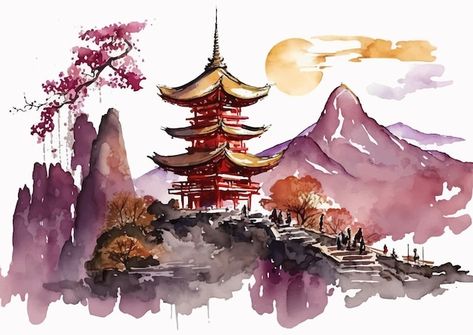 Chinese House Painting, Traditional Chinese Painting Landscapes, Chinese Watercolor Painting Landscape, Chinese Dragon Watercolor, Chinese Landscape Drawing, Chinese Illustration Art, Pagoda Illustration, Watercolor Illustration Landscape, Pagoda Watercolor