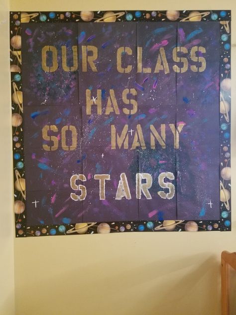 Space Theme Decorations Classroom, Galaxy Decorations Classroom, Super Star Classroom Theme, Classroom Star Theme, Outer Space Bulletin Boards, Galaxy Classroom Decor, Classroom Galaxy Theme, Out Of This World Classroom Door, Galaxy Classroom Theme