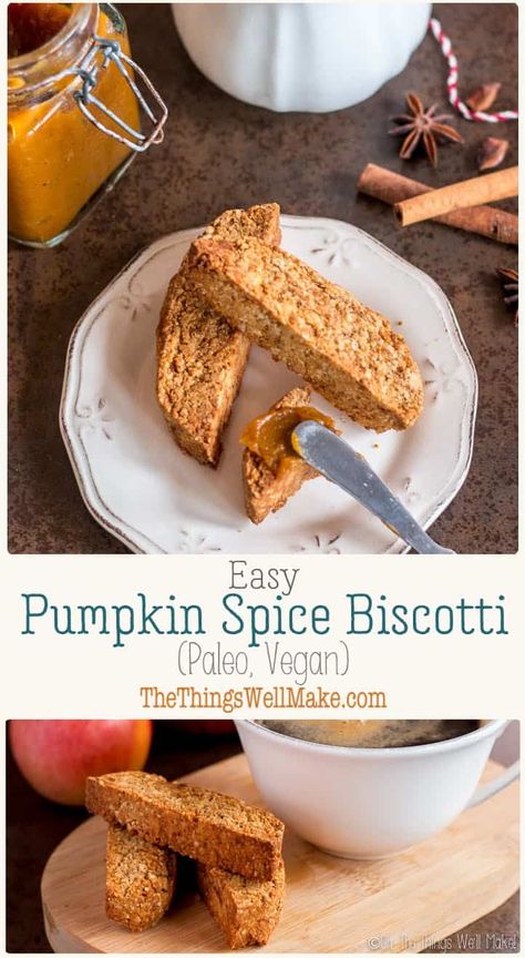 These crunchy almond based Italian cookies are perfect for dipping in coffee, chai tea, or my sweet pumpkin pie dip. They're also a grain-free, guilt-free indulgence. #thethingswellmake #miy #biscotti #pumpkinspice #pumpkinrecipes #fallrecipes #paleorecipes #grainfree #vegan #cookies #cookierecipes #paleo #veganrecipes #breakfast #dessert Gluten Free Biscotti, Pumpkin Biscotti, Gf Snacks, Pumpkin Pie Dip, Pie Dip, Vegan Pumpkin Spice, Eggless Desserts, Almond Biscotti, Biscotti Cookies