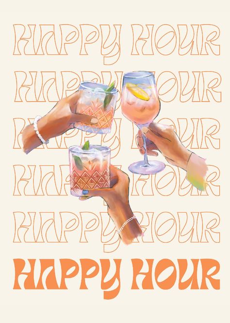 Happy Hour Poster Design, Happy Hour Poster, Drink Prints, Happy Hour Print, Fbi Headquarters, Trendy Drinks, Cart Decor, Cocktail Book, Dorm Posters