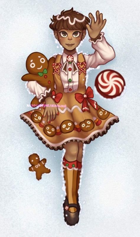 Peppermint Character Design, Gingerbread Girl Drawing, Christmas Elf Character Design, Christmas Character Outfits, Christmas Oc Drawing, Ginger Bread House Drawing, Christmas Oc Art, Gingerbread Girl Costume, Gingerbread Drawing