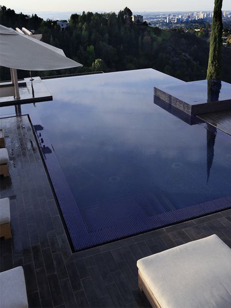 Mirror Pool Mirror Pool, Glass Swimming Pool, Mirrored Sunglasses For Pool, Dark Blue Swimming Pool, Desert Landscape Design, Dark Blue Pool Water, Relaxation Station, Fire Pots, Above Ground Pool Landscaping