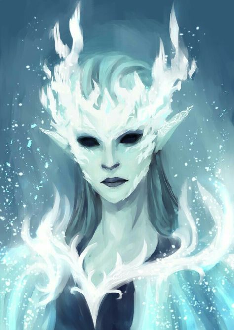 Leviathan Dnd 5e, Ice Character Concept Art, Snow Fairy Art, Ice Queen Character Design, Cold Character Design, Winter Eladrin Dnd, Ice Magic Art, Ice Genasi, Winter Fey