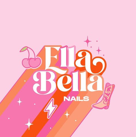 Funky groovy logo design for nail salon Cowgirl Logo Design, Groovy Packaging Design, Balloon Company Logo, Groovy Branding Design, Cherry Logo Design Branding, Funky Logo Design Ideas, Nails Logo Design Ideas, Groovy Logo Design, Nail Salon Logo Design Ideas