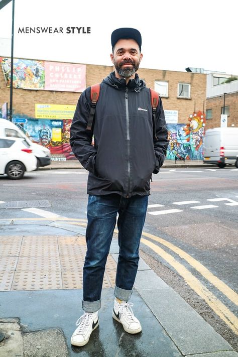 Here's grant on the streets of London wearing rolled jeans, classic high top trainers and a Berghaus jacket. Berghaus Jacket, Clothing Folds, Large French Press, Rolled Jeans, White Sneakers Men, Streets Of London, High Top Trainers, Street Style Trends, London Street