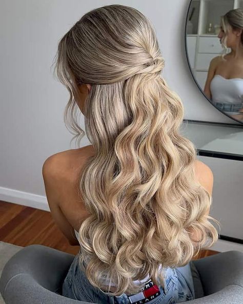 Debs Hairstyles Half Up, Wedding Hair Blonde Half Up, Glam Half Up Half Down Hair, Half Up Half Down For Long Hair, Half Upstyle, Debs Hair, Grad Nails, Boho Hairstyle, Half Up Half Down Hair Prom