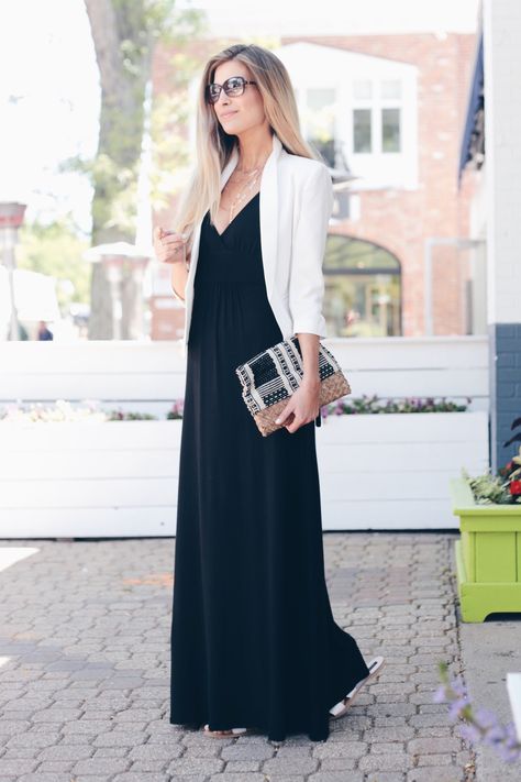 How to Wear a Little Black Maxi 3 Ways | Maxi Dress for Work | Maxi Dress With Blazer Black Casual Maxi Dress, Blazer Over Maxi Dress, What To Wear Over Maxi Dress, Black Maxi Dress With Blazer, Maxi Dress Coverup Ideas, What To Wear With Maxi Dress, Blazer Maxi Dress, How To Style Black Maxi Dress, How To Style A Black Maxi Dress