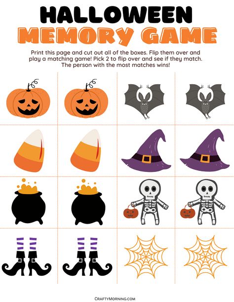 Halloween Game Activities, Pumpkin Memory Game, Halloween Memory Game Free Printable, Halloween Memory Game Printable, Games For Kids Halloween Party, Halloween Preschool Games, Halloween Games Diy, Memory Games For Kids Printable, Halloween Diy Games