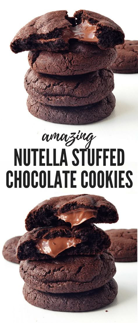 Stuffed Chocolate Cookies, Nutella Stuffed Cookies, Nutella Dessert Recipes, Pancakes Nutella, Nutella Cookies Recipe, Chewy Chocolate Cookies, Nutella Desserts, Stuffed Cookies, Nutella Brownies