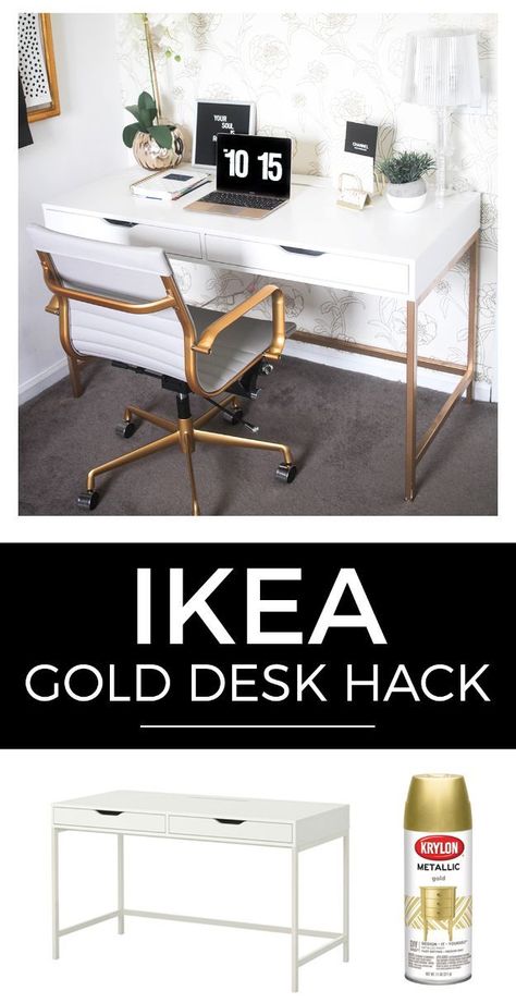 gold decor ideas diy Ikea Desk Hack, Desk Hacks, Gold Desk, Ikea Desk, Decor Ikea, Office Chic, Best Ikea, Celebrity Homes, Furniture Hacks