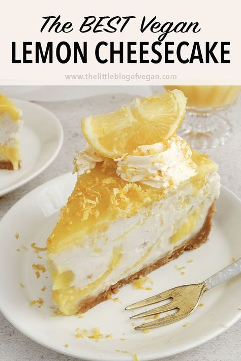 Slice of yellow cheesecake on a biscuit base, topped with a lemon slice, lemon curd drizzle and swirl of whipped cream. Vegan Lemon Cheesecake, Cheesecake Delight, Easy Lemon Cheesecake, Vegan Lemon Curd, Lemon Cheesecake Recipes, No Bake Lemon Cheesecake, Vegetarian Desserts, Vegan Pie, Vegan Cake Recipes