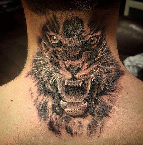 Tiger Neck Tattoo, Behind The Neck Tattoos, Back Of Neck Tattoo Men, Leprechaun Tattoos, Mens Tiger Tattoo, Watercolour Tattoo Men, Rhino Tattoo, Butterfly Neck Tattoo, Best Neck Tattoos