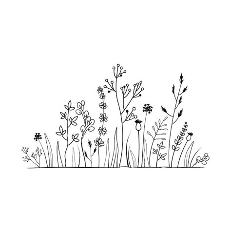 Spring Line Drawing, Flower Pattern Doodle, Simple Line Drawings Flower, How To Draw Flower Line Art, Wild Flower Doodles Easy, Flower Banner Drawing, Garden Of Flowers Tattoo, Simple Garden Tattoo, Nature Themed Drawings