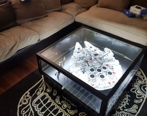 Lego Display Case Coffee Table For Star Wars Millennium Falcon - Showfront Diy Display Coffee Table, Starwars Lego Display Ideas, Millennium Falcon Coffee Table, Millenium Falcon Table, Diy Lego Display Case, Lego Display Living Room, Star Wars Display Case, Star Wars Living Room Ideas, Lego Millenium Falcon Coffee Table