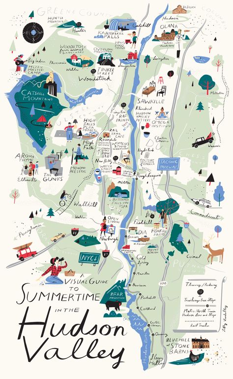 A Visual Guide to Summertime in the Hudson Valley - Upstater Hudson Valley New York, Map Projects, Hand Drawn Map, New York Poster, Drawn Map, Art Carte, Travel Illustration, Illustrated Map, Travel Maps