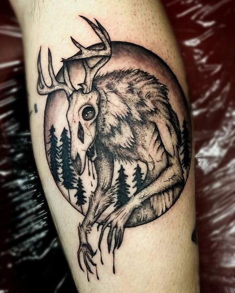 Small Cryptid Tattoo, Traditional Cryptid Tattoo, Urban Legend Tattoo, Forest Neck Tattoo, Wendigo Tattoo Ideas, Unsettling Tattoo Ideas, Cute Cryptid Tattoo, Cryptic Tattoo Ideas, Necromorph Tattoo