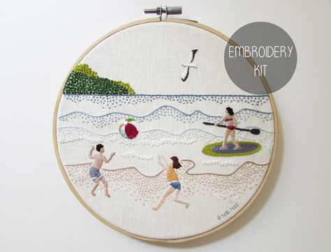 An Embroidery Art Work With Beach Scenes And Palm Trees 591 Beach Embroidery, Diy Hand Embroidery, Summer Embroidery, Printed Embroidery, Hand Embroidery Kit, 자수 디자인, Hand Embroidery Pattern, Modern Embroidery, Embroidery Kit