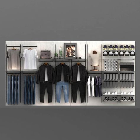 Custom clothing wall display shelves, wall mounted clothing display racks Wall Racks Design Display, Display Clothing Ideas, Cloth Display Ideas, Wall Clothing Display, Clothing Wall Display, Clothes Display Ideas, Shelves Layout, Display Closet, Retail Wall Displays