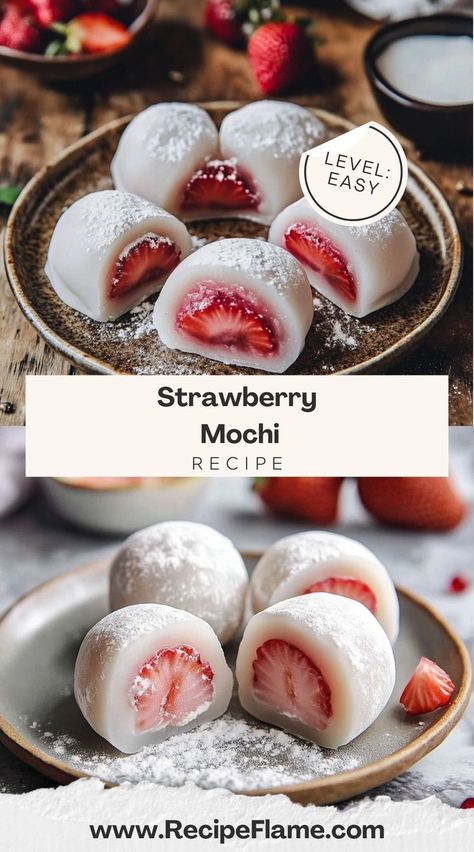 A delightful fusion of sweet strawberries wrapped in chewy mochi! These treats are both refreshing and satisfying, leaving my friends amazed at their unique texture and perfect balance of flavors. Strawberry Mochi Recipe, Strawberry Mochi, Mochi Recipe, Strawberry Puree, Easy Strawberry, Vegan Condiments, Vegan Butter, Coconut Cream, Quick Easy Meals