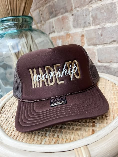 Be a part of the positive trend with our Made To Worship Trucker Hat! This trendy brown hat features a beautifully embroidered "Made To Worship" design that will inspire and elevate your look. Show the world your worth with this must-have accessory. Jesus Trucker Hat, Christian Trucker Hats, Trendy Trucker Hats, Christian Gift Shop, Boots Street Style, Worship Design, Embroidery Hats, Custom Fitted Hats, Apostolic Pentecostal