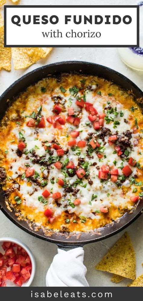 Cheesy and gooey Queso Fundido combines melted cheese, chorizo, and peppers in a hot skillet. This restaurant-worthy appetizer is easy to make and done in under 30 minutes! Don’t forget the tortilla chips for dipping! #quesofundido #appetizer Mexican Onions, Queso Fundido With Chorizo, Appetizers Mexican, Sausage Appetizer Recipes, Queso Fundido Recipe, Fundido Recipe, Mexican Appetizer, Sausage Appetizers, Mexican Chorizo