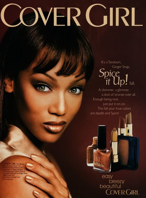 Cover Girl Spice It Up 90s Makeup Look, Vintage Makeup Ads, Awkward Girl, Mekap Mata, Beauty Advertising, Cover Girl Makeup, Makeup Ads, Black Magazine, 90s Makeup