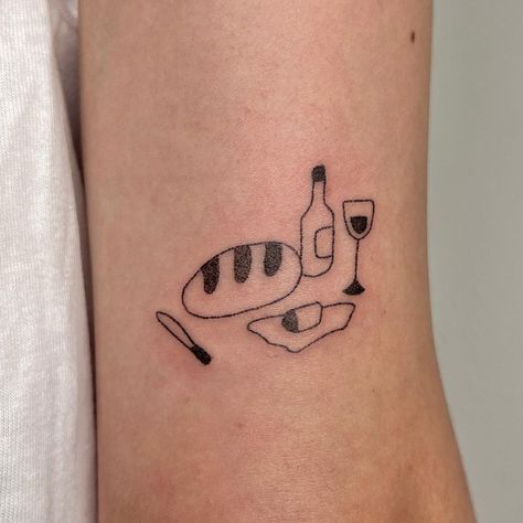 Cute Wine Tattoo, Cheers Wine Tattoo, Matching Tattoos Wine, Mini Wine Tattoo, Bread And Wine Tattoo, Wine And Cheese Tattoo, Bread Tattoo, Wine Tattoos, Cheese Tattoo