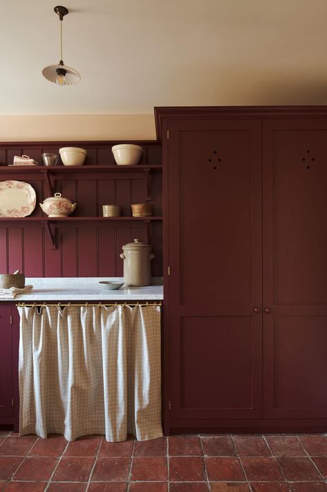 The Refectory Red Dining and Laundry Room Curtain On Kitchen Cabinets, Curtain On Cupboard, Red Laundry Room, Red Tile Kitchen, Kitchen Cabinet Curtain, Laundry Room Decorating Ideas, Classic English Kitchen, Functional Laundry Room, Laundry Room Decorating