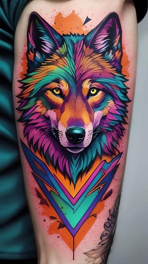 Forearm Colored Tattoo For Men, Geometric Colored Tattoo Design, Wolf Tattoo Colorful, Colorful Wolf Tattoo, Arm Tattoo Men Color, Wolf Color Tattoo, Color Full Tattoo, Color Tattoo For Men Arm, Colored Tattoo Design For Men