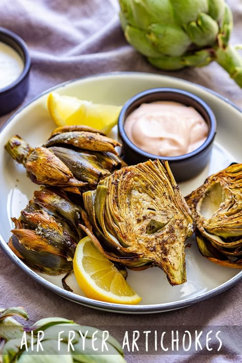 Air fryer artichokes are a simple yet delicious appetizer perfect for any occasion. Roasted artichokes cooked in air fryer take significantly less than in the oven so why not give it a go! #airfryerrecipes #airfryer #artichokes Roasted Artichokes, Fried Artichoke, Roasted Artichoke, Airfryer Recipes, Air Fry Recipes, Artichoke Recipes, Dip Recipes Easy, Air Fryer Dinner Recipes, Air Fryer Recipes Easy