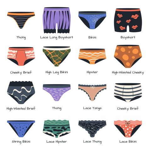 isolated colorful panties for women. Female underwear types, wardrobe lingerie and underpants models. Vector set. Various collection. Clothing Fabric Patterns, Body Facts, Type Chart, Human Body Facts, Pretty Clothing, Bra Fitting Guide, Fashion Vocabulary, Clothing Fabric, Beauty Cream