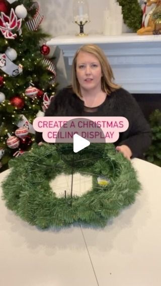 Nicole Keleher on Instagram: "This technique makes it easy to hang a Christmas display from the ceiling. You will still need a ceiling hook to attach this too. Another option would be to use hooks that you currently have hanging baskets and change the display for Christmas.  #christmasdecor #christmastip #christmasdecorating #christmasdecoratingtips" Hang Ornaments From Chandelier, Hanging Wreath From Ceiling Christmas, Ceiling Christmas Wreath, Wreath Hanging From Ceiling, Hanging Ornaments From Chandelier, Christmas Wreath Chandelier, Hanging Christmas Wreaths From Ceiling, Ceiling Wreath Christmas, Hang Ornaments From Ceiling