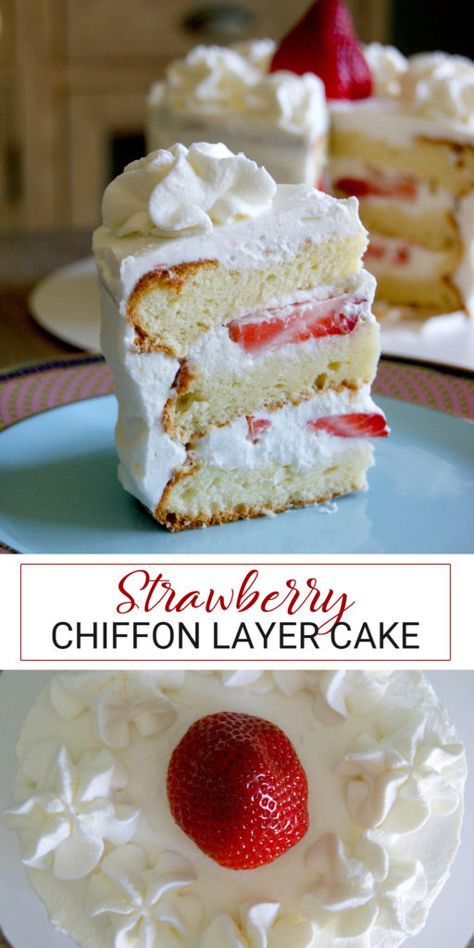 Strawberry Chiffon Layer Cake – Lady of the Ladle Chiffon Cake Strawberry, Berry Chiffon Cake, Raspberry Chiffon Cake, Chiffon Layer Cake, Strawberry Custard Cake, Chiffon Birthday Cake, Chiffon Cake Decoration Ideas, Strawberry Bundt Cakes, Strawberry Sponge Cake Recipe