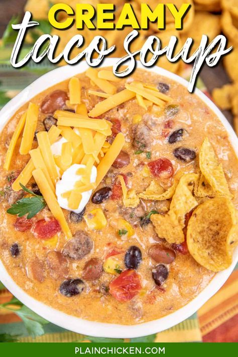 Taco Spices, Taco Soup Recipe Crockpot, Creamy Taco Soup, Corn Mexican, Frozen Hash Browns, Taco Soup Recipe Easy, Mexican Soup Recipes, Ground Beef Taco, Chili Beans