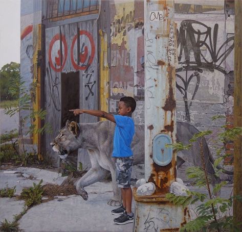 16 Surreal Paintings Of Kids And Wild Animals Wandering In Abandoned Urban Areas - I Can Has Cheezburger? Kevin Peterson, Hyper Realistic Paintings, Colossal Art, Wildlife Paintings, Animal Sculpture, Surrealism Painting, Realistic Paintings, Art Et Illustration, Wow Art