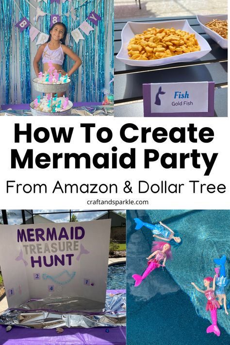 This is how you can throw an epic outdoor mermaid birthday party by the pool. These ideas include easy party decorations, fun water themed activities, delicious party food, and the perfect mermaid themed outfits. Mermaid Birthday Party Pool Decor, Mermaid Party Activity Ideas, Outdoor Mermaid Party Games, Easy Mermaid Party Decorations, Mermaid Outdoor Birthday Party, Easy Mermaid Birthday Party Ideas, Mermaid Birthday Party On A Budget, Dollar Store Mermaid Party, Mermaid 5th Birthday Party Ideas