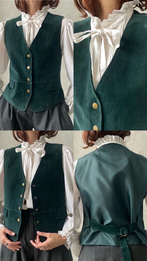 Woman In Waistcoat, Green Waistcoat Women Outfit, Fancy Vest Outfits, Corduroy Vest Outfit Women, Dosirak Korean, Green Vest Outfits For Women, Fantasy Vest, Vest Fashion Women, Vest Jacket Outfit