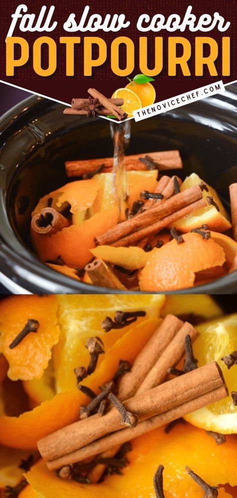 Fall (Cinnamon Orange) Slow Cooker Potpourri, creative thanksgiving recipes Thanksgiving Smell On Stove, Cinnamon And Orange Peel House Smells, Cinnamon Potpourri Stove, Pumpkin Spice Potpourri, Crockpot Popourie, Fall Boiling Pot, Crockpot Poupori, Orange Peel Potpourri, Fall Popourie Crockpot