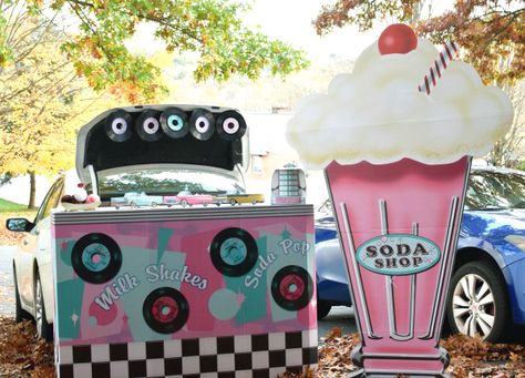 Are you looking for a fun, family-friendly Trunk or Treat theme? Check out this Fifties Soda Shop Halloween Trunk Theme. Your trunk will be a huge hit! Pink Ladies Grease Trunk Or Treat, Awesome Diy Halloween Decorations, Dsp Week, Packing Tape Ghost, Tape Ghost, Ghost Ideas, Grease Theme, Valentines Dance, Boxing Halloween Costume