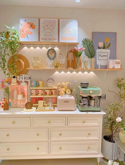 Cute Tv Room Ideas, Cottage Whimsy Decor, Korean Pastel Room Aesthetic, Cute Aesthetic Home Decor, Kitchen Cute Aesthetic, Table For Two Aesthetic, Cute Kitchen Cabinets, Pastel Coffee Bar, Retro Pastel Kitchen