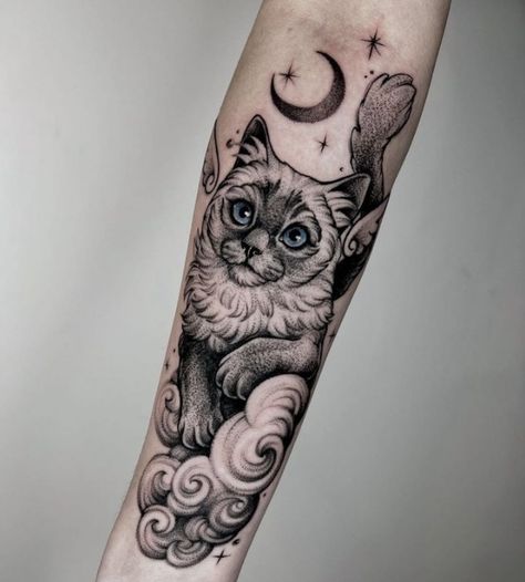 Ragdoll Cat Tattoo, Cat Sleeve Tattoo, Ragdoll Tattoo, Pet Memorial Tattoo, Zelda Tattoo, Sleeve Tattoo Ideas, Realistic Watercolor, Cat Tattoos, Cat Tattoo Designs