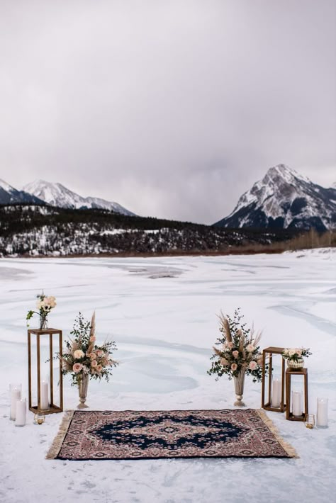 I wanted to create a romantic, rustic whimsical setting in this unique location, while showcasing the mountains and ice. The gold, dusty blues, and pinks popped so beautifully against the snow. Wyoming Winter Wedding, Outdoor Winter Elopement, Winter Mountain Elopement, Winter Elopement Photography, Winter Wedding Vibes, Snow Wedding Ceremony, Winter Cabin Wedding, Winter Wedding Locations, Winter Wedding Elopement