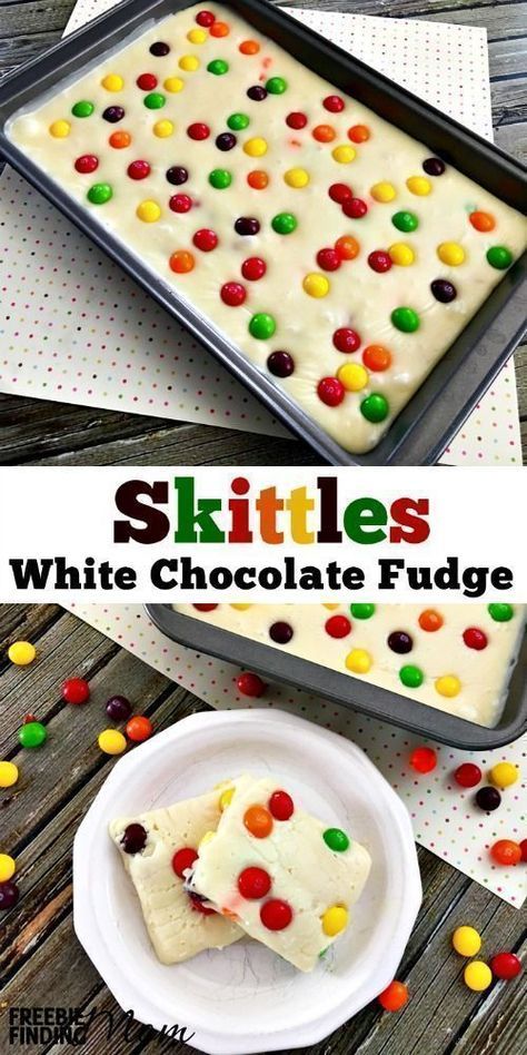 Decadent white chocolate fudge is infused with a heaping dose of sweet candy in this Skittles fudge recipe. Learning how to make Skittles fudge is easier than you may think. It takes only three ingredients (white chocolate chips, sweetened condensed milk Skittles Recipes, Food Recipes For Kids, Homemade Fudge Recipes, White Chocolate Fudge, Fudge Recipes Easy, Homemade Fudge, Recipes For Kids, Fudge Recipe, Homemade Candies