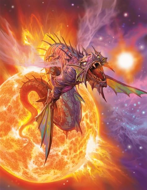 A solar dragon (also known as a radiant dragon or a sun dragon) is born in the heart of a star. It divides its time outside its lair between patrolling its territory and hunting for food. The dragon has a serpentine body, a pair of ventral limbs ending in long fins, nebulous wings that give off light, and gleaming, multicolored scales. It can see clearly even in intensely bright light. Solar Dragon, Astral Sea, Sun Dragon, Galaxy Aesthetic, Forgotten Realms, Dnd Monsters, Dragon Illustration, Cosmic Horror, Space Backgrounds