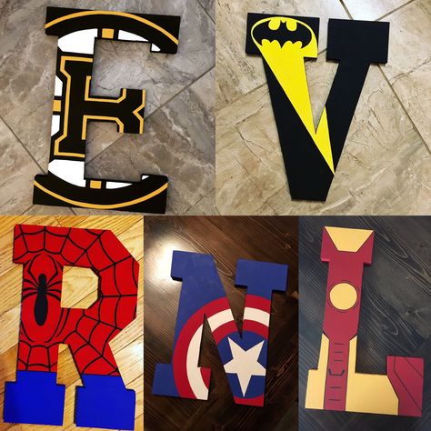 Marvel Name Letters, Superhero Painting Canvas Easy, Marvel Letters Superhero Alphabet, Superhero Letters Diy, Marvel Letters, Letter Painting Ideas Wooden, Superhero Canvas Painting, Super Hero Letters, Iron Man Theme