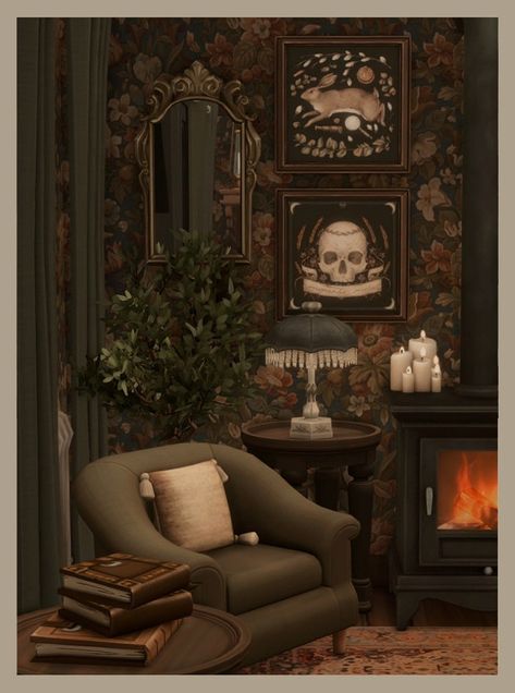 Jessica Roux Prints | Patreon Sims 4 Goth House Interior, Sims 4 Vampire Apartment, Sims 4 Witch Bedroom Cc, Sims 4 Cc Green Furniture, Gothic Earthy Aesthetic, Sims 4 Goth Cc Decor, Sims 4 Vampire Decor, Sims 4 Gothic Bedroom, Dark Sims 4 Cc