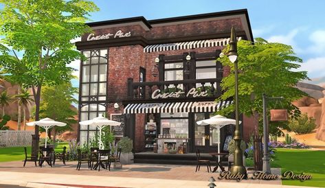 Sims 4 Restaurant, Lotes The Sims 4, Cafe Exterior, Restaurant Exterior, Sims 4 House Design, Casas The Sims 4, Sims Building, Sims 4 Downloads, Sims 4 Build